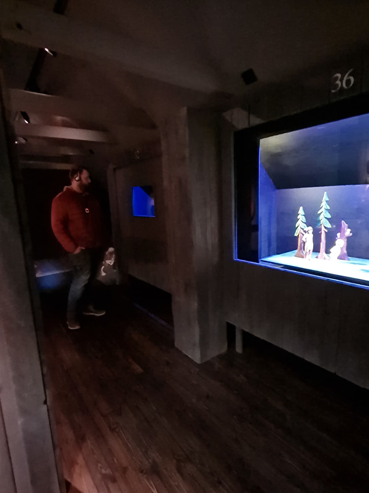 Visitor standing beside a lit exhibit case inside Leifsbúð in Búðardalur.