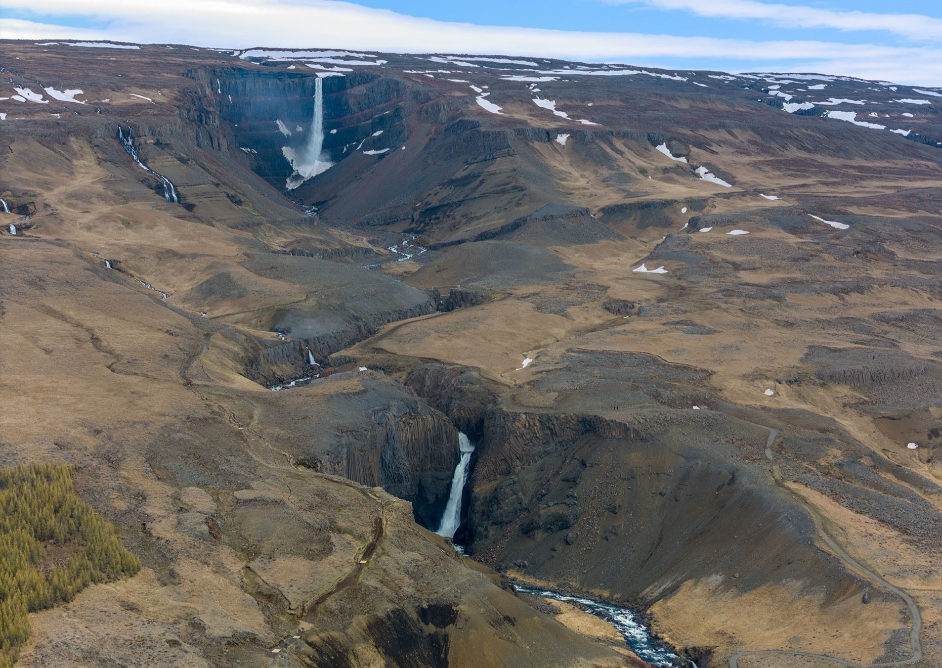 Aerial view of Litlanesfoss below Hengifoss in the Fljótsdalur gorge above the East Iceland trail.