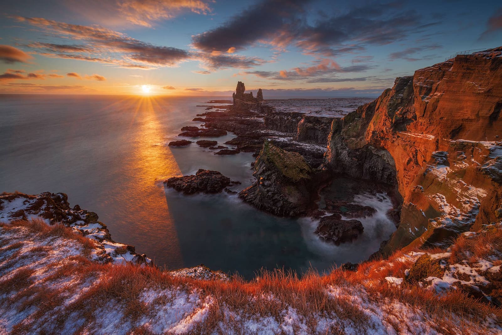 Sunset over the Lóndrangar cliffs and Atlantic coves on the Snæfellsnes Peninsula.