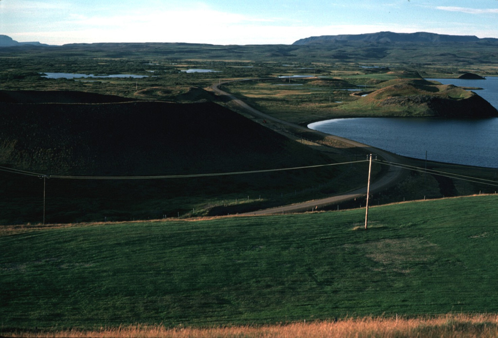 Laxárhraun lava-field terrain and rootless crater forms beside Lake Mývatn in North Iceland.