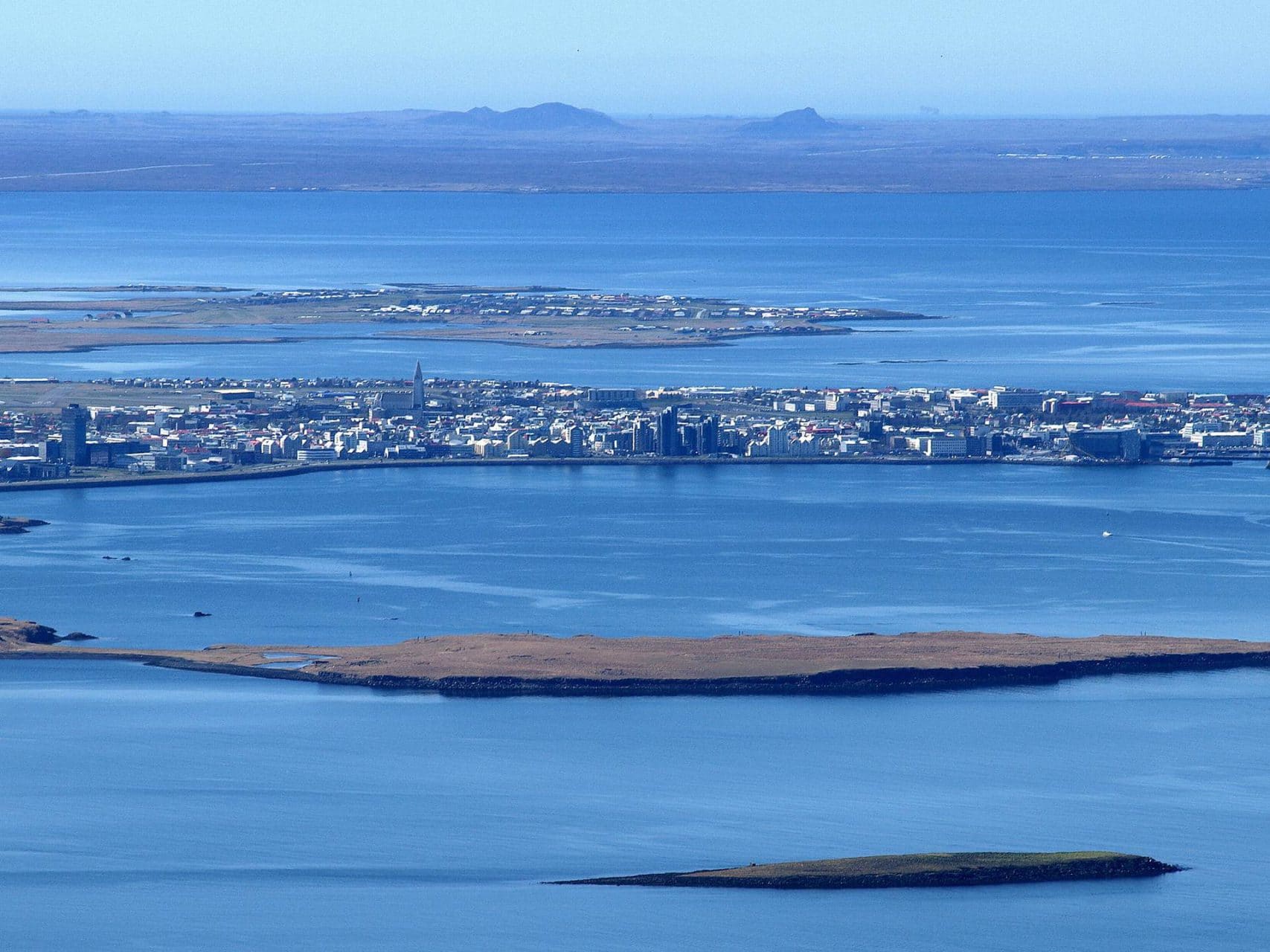 Lundey island in Kollafjörður with Reykjavík and Faxaflói bay behind it.