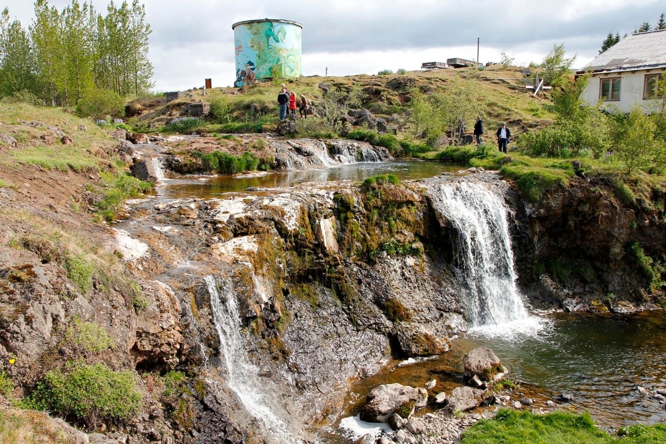 Álafoss waterfall and river rocks in Mosfellsbær.