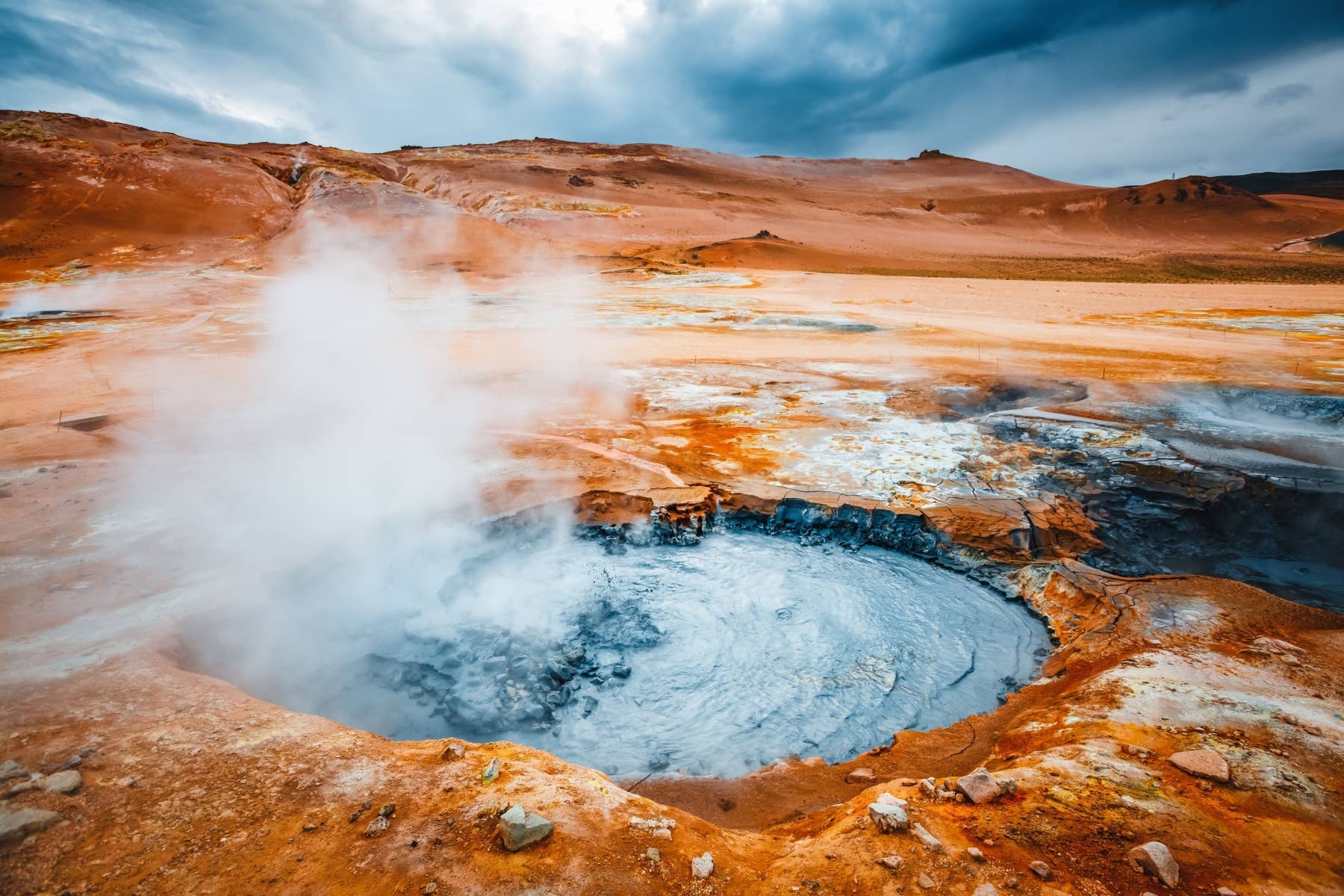 Boiling mud and steam vents at the Hverir geothermal area near Lake Mývatn.