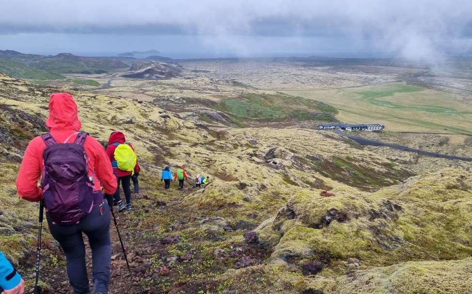 Hikers on mossy Hengill terrain above the Nesjavellir geothermal area with steam in the valley.
