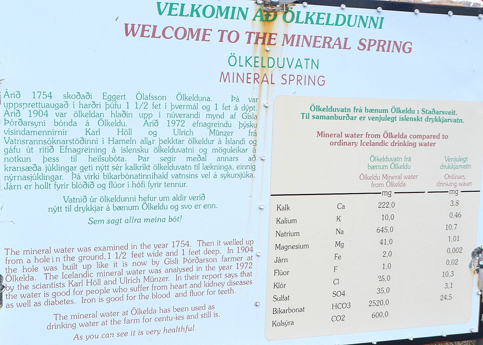 Information sign at Ölkelda describing the mineral spring water.