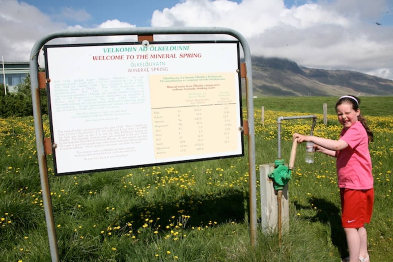 Visitor tap and information sign at Ölkelda Mineral Spring with mountains behind.