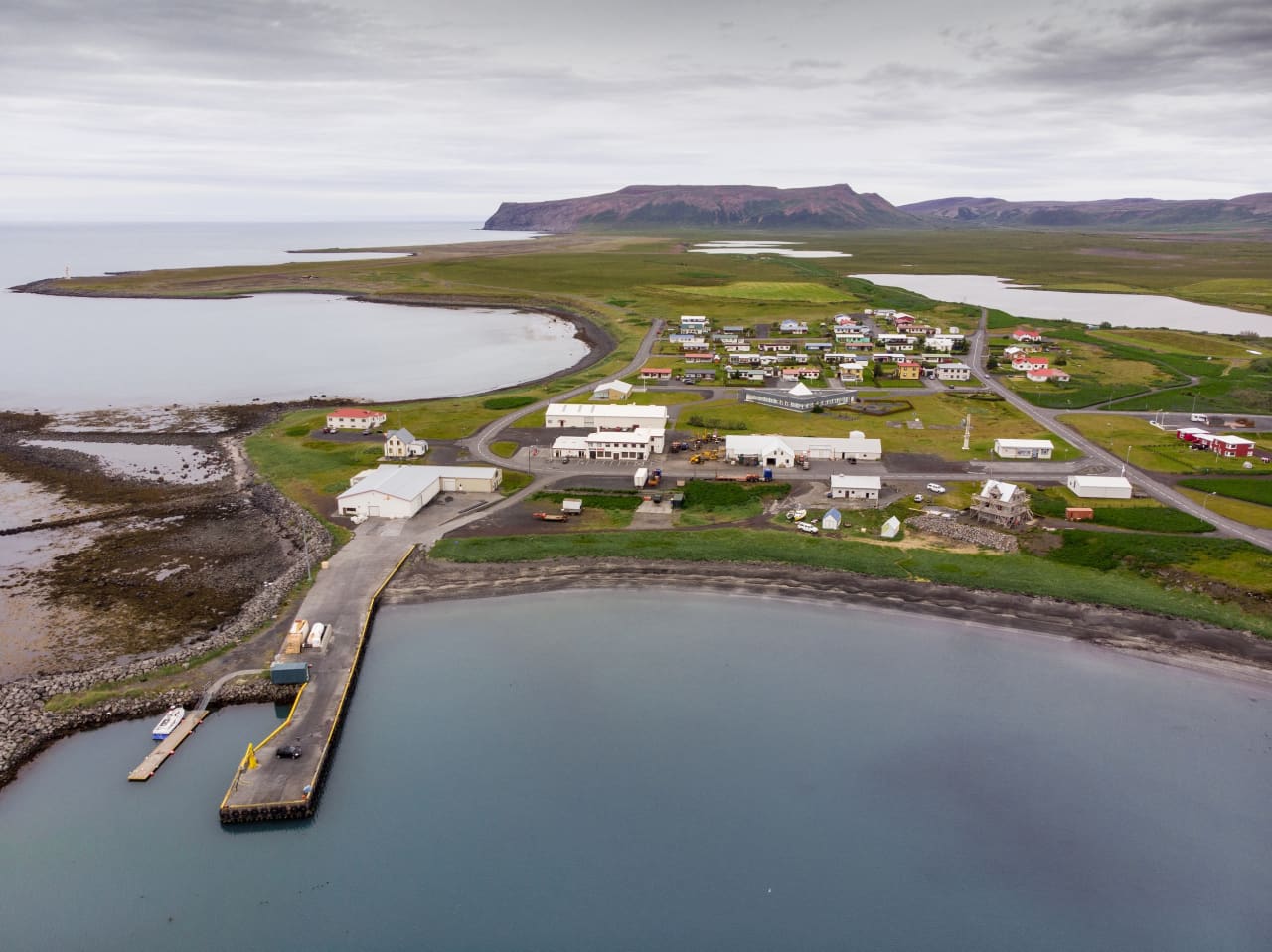 Aerial view of Kópasker village on the shore of Öxarfjörður bay.