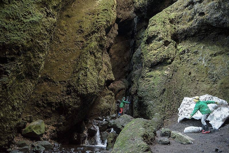 Visitors beside a stream inside the narrow mossy rock walls of Rauðfeldsgjá Gorge.