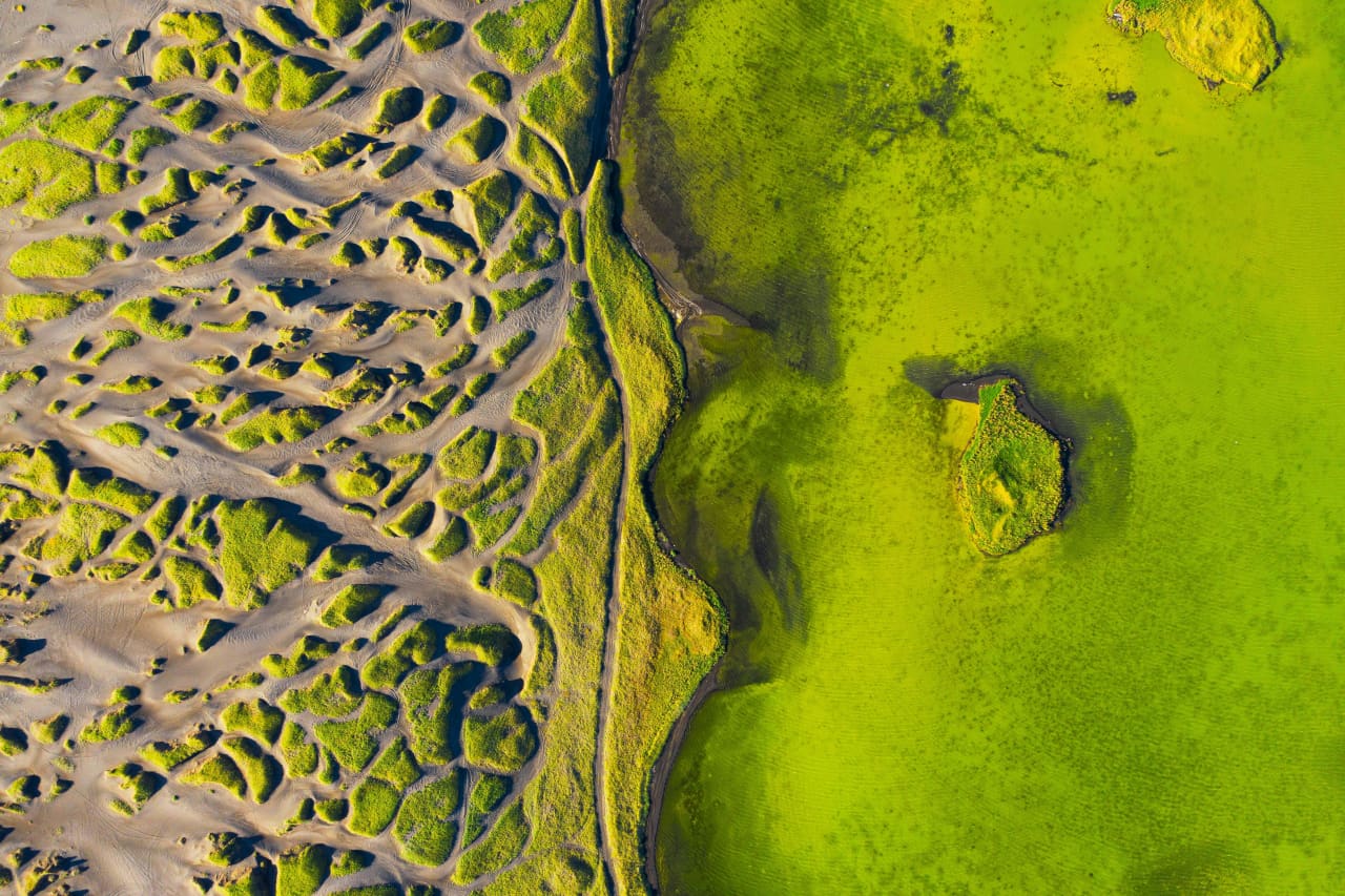 Bright pond water, grassy dunes, and black sand beach at Sandvík on Reykjanes.