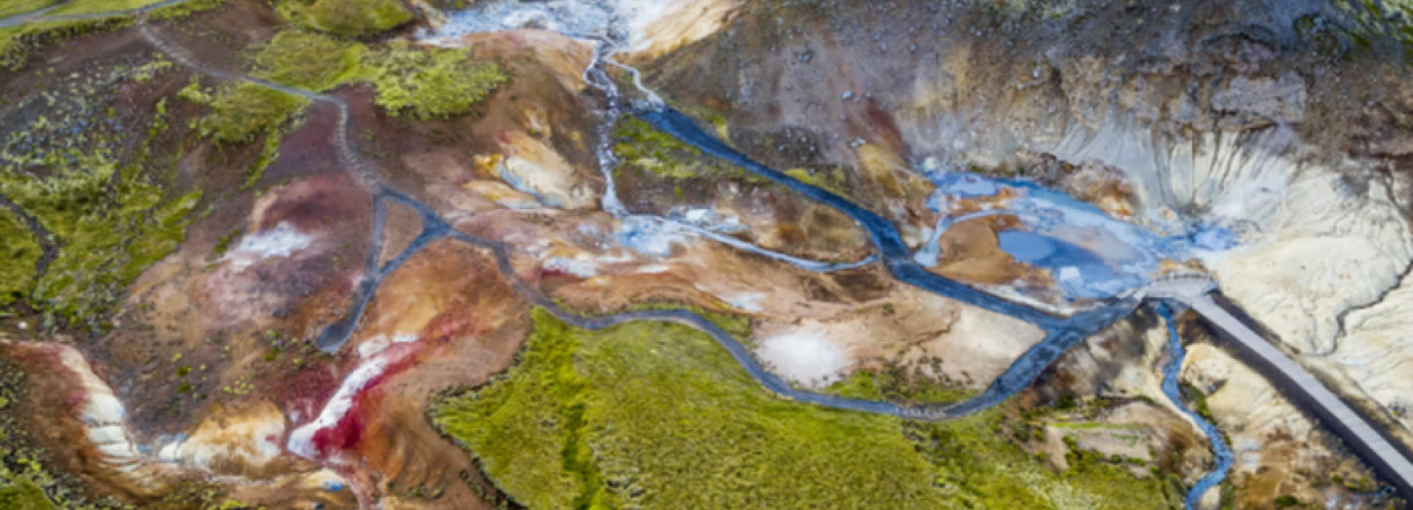 Overhead view of the path network and colored geothermal ground at Seltún.