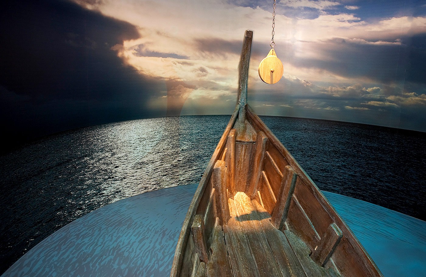 A boat scene inside the Settlement Exhibition at the Settlement Center in Borgarnes.