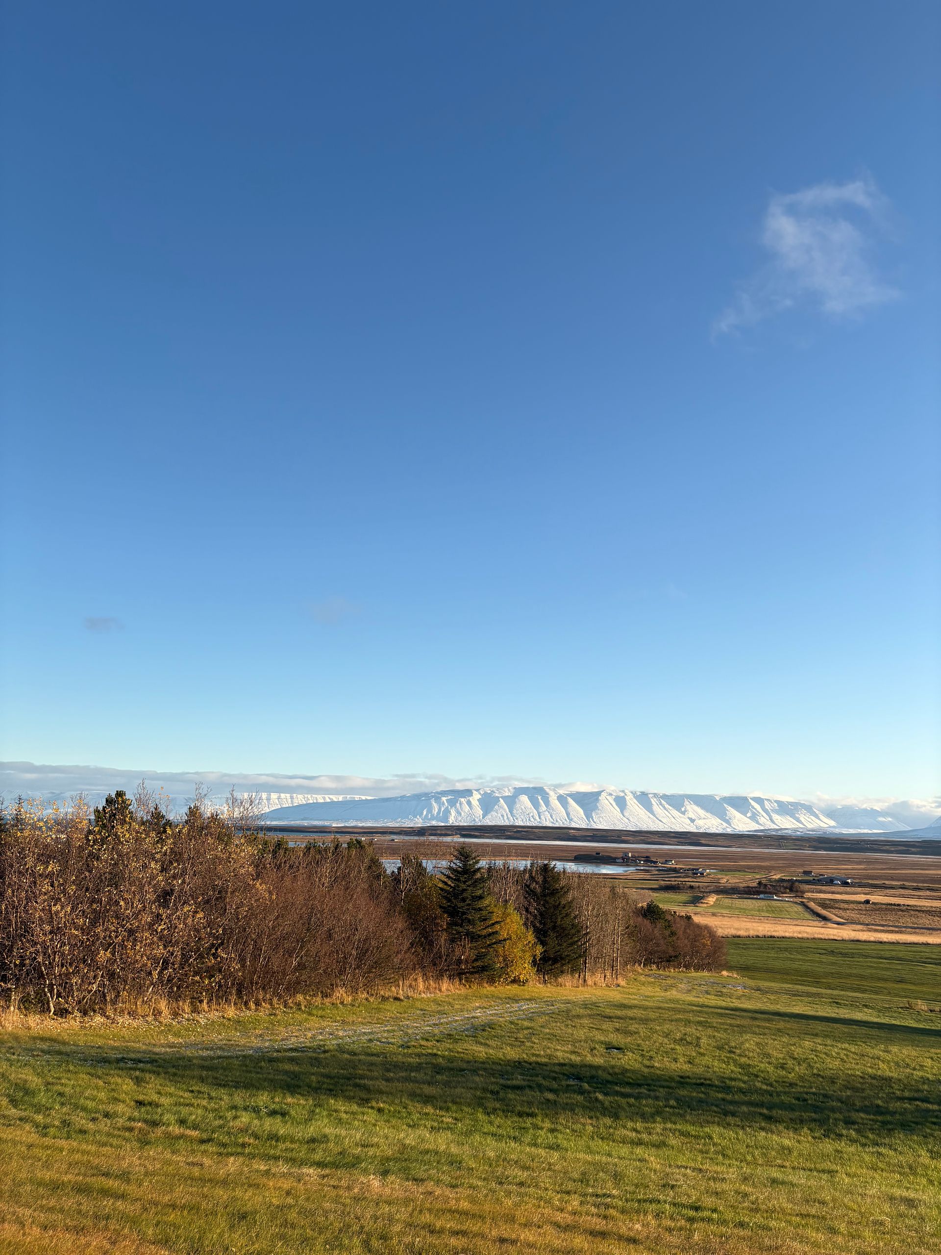 Open Skagafjörður farmland with Tindastóll mountain and snowy ridges beyond the valley.