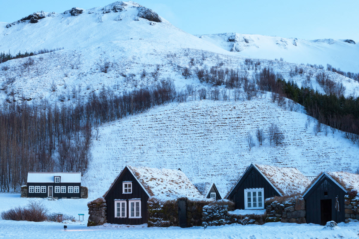 Snow-covered turf houses at Skógar below winter hills in South Iceland.