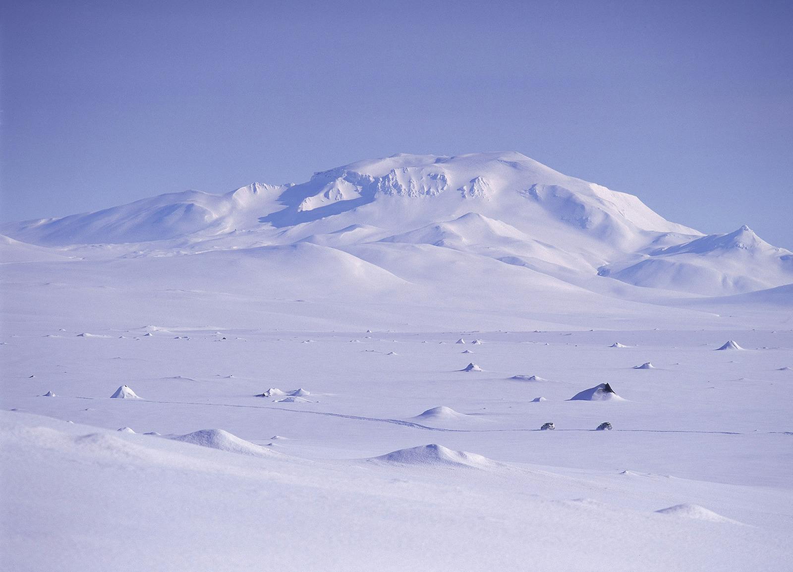 Snow-covered Snæfell mountain rising above the East Iceland highlands.