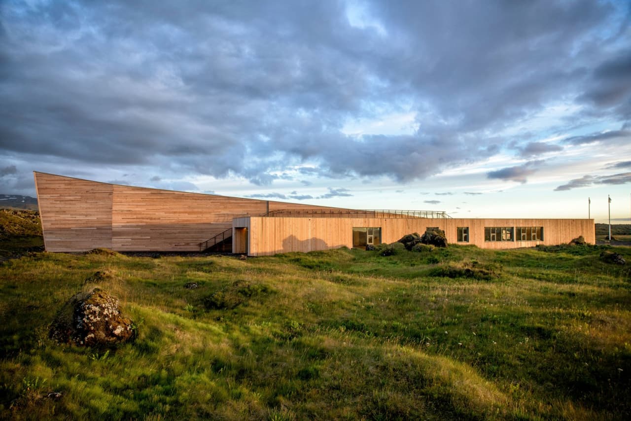 The National Park Center at Hellissandur below cloudy skies in Snæfellsjökull National Park.