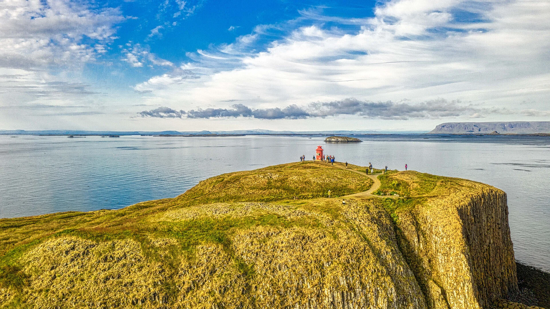Súgandisey lighthouse above Stykkishólmur harbor and Breiðafjörður.