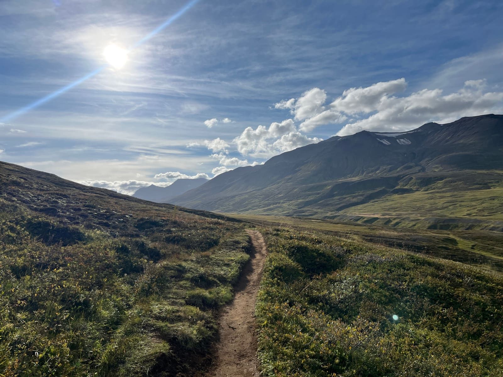 Narrow Súlur hiking path crossing open green slopes toward the mountains above Akureyri.