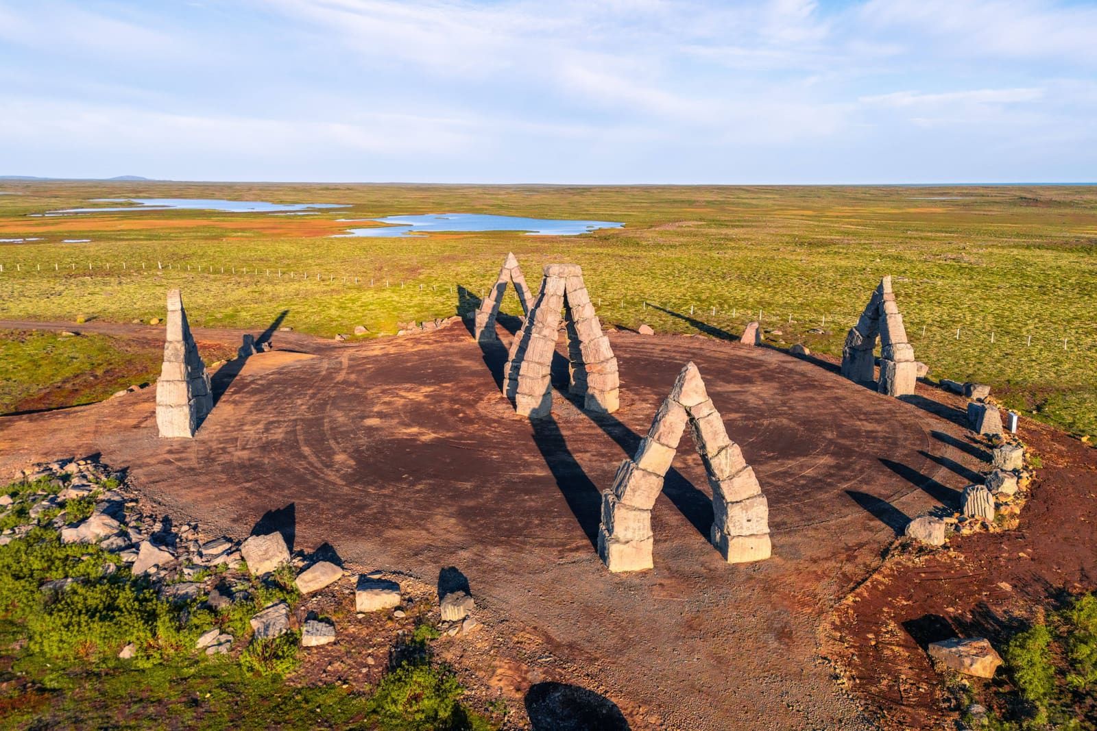 Aerial view of the Arctic Henge stone arches laid out on the plateau above Raufarhöfn.