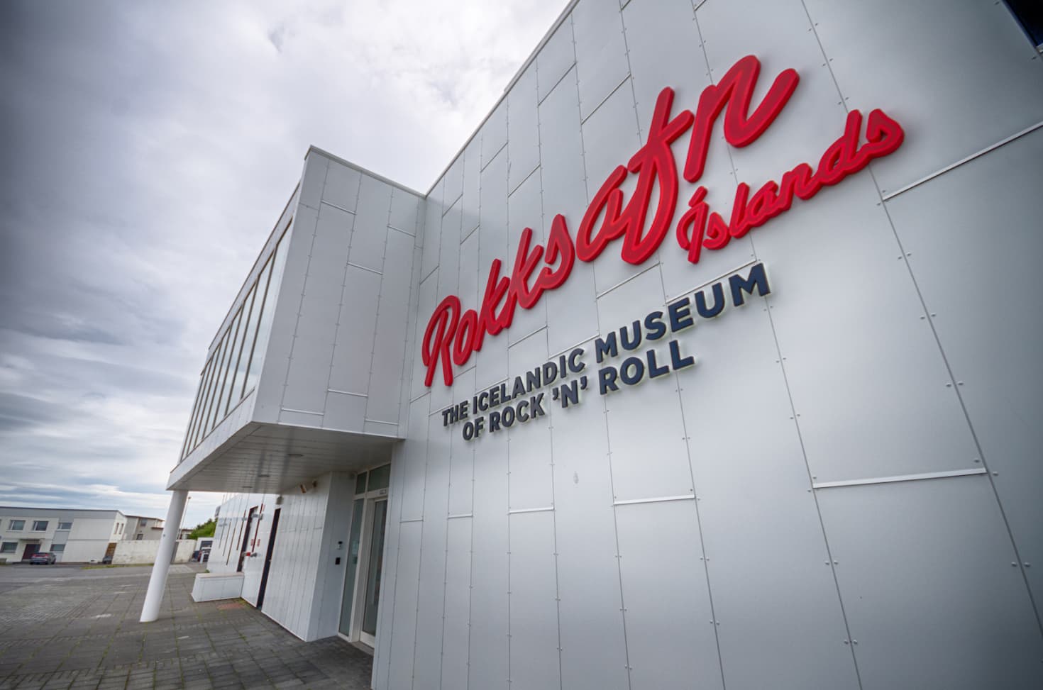 Exterior sign for the Icelandic Museum of Rock 'n' Roll at Hljómahöll in Reykjanesbær.