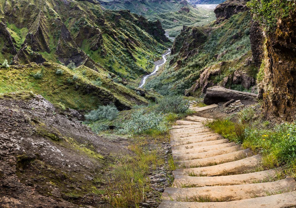 Wooden steps descending through a green ravine on a hiking trail in Þórsmörk.