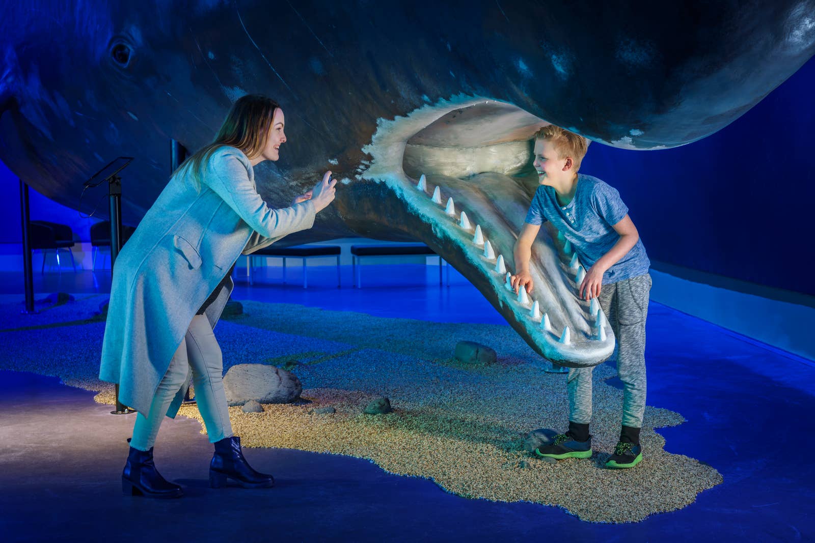 Child standing inside the jaw of a whale model at Whales of Iceland
