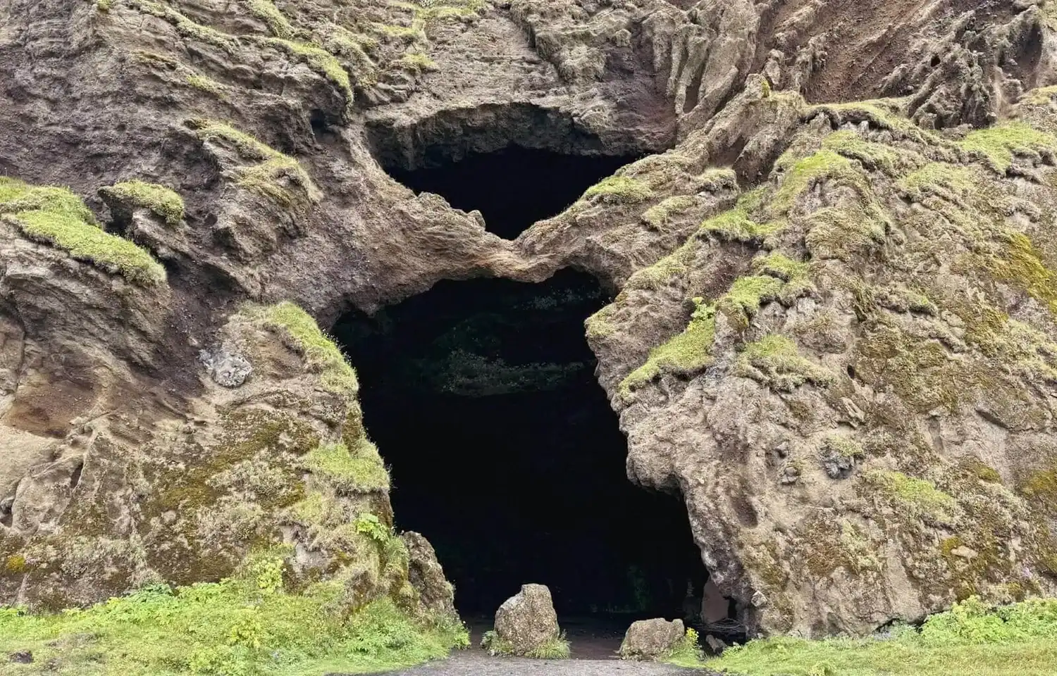 Rocky entrance of Gígjagjá, also known as Yoda Cave, at Hjörleifshöfði in South Iceland.